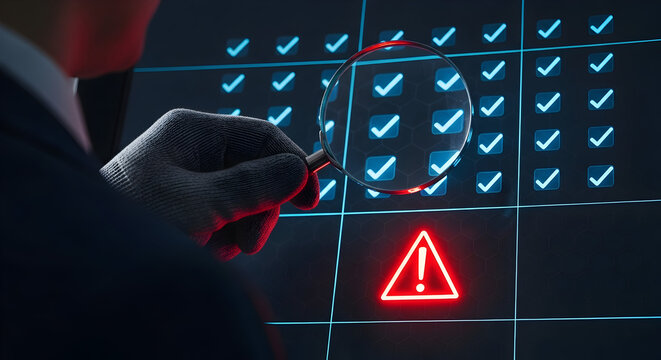 Magnifying glass reveals warning sign during data analysis of critical information