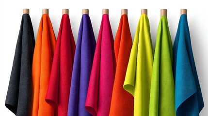 Colorful Textiles Hanging in a Vertical Display of Vibrant Towels on a White Background