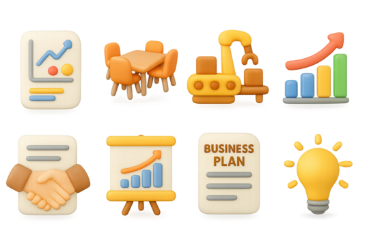 Modern 3d business icons with graphs, charts, and planning elements