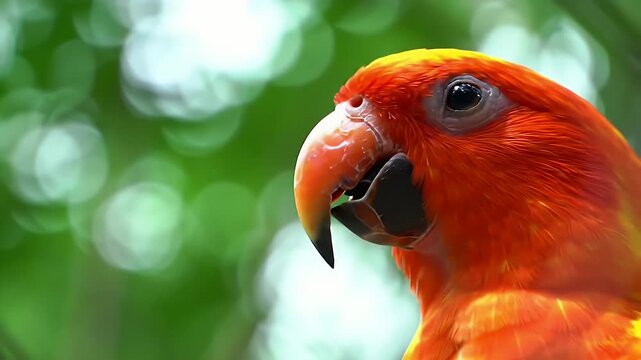 An orange-yellow parrot with an open beak is set against out-of-focus green foliage