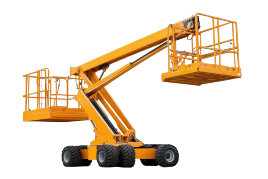 Modern manlift machine on transparent background for construction and industrial projects- featuring safety and efficiency in elevated work platforms