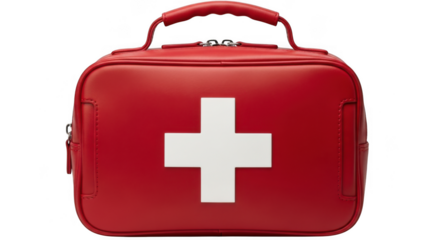 Red first aid kit with white cross symbol isolated on transparent background, representing medical emergency care and safety supplies