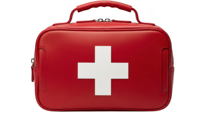 Red first aid kit with white cross symbol isolated on transparent background, representing medical emergency care and safety supplies