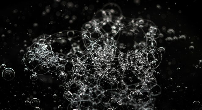 Mesmerizing Close-Up of Interconnected Bubbles Floating in a Dark Void