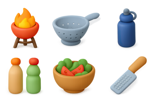 Collection of gradient 3d kitchen utensils and food items with soft lighting