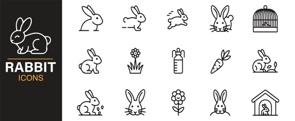 Vector set of rabbit icons with bunnies, cages, carrots, and pet care elements in line art.