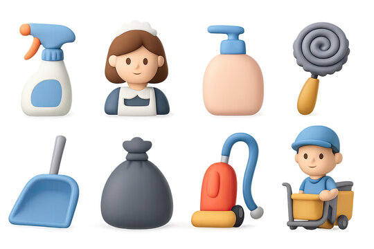 Cute 3d cleaning supplies and characters set for home service themes