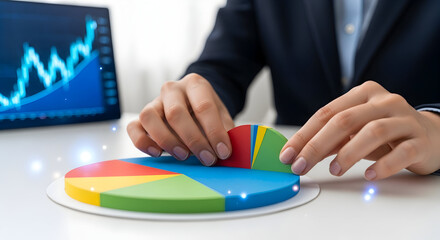 Professional analyzing business performance with pie chart and financial data insights