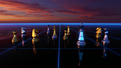 Futuristic chess pieces on a digital board with a beautiful sunset sky