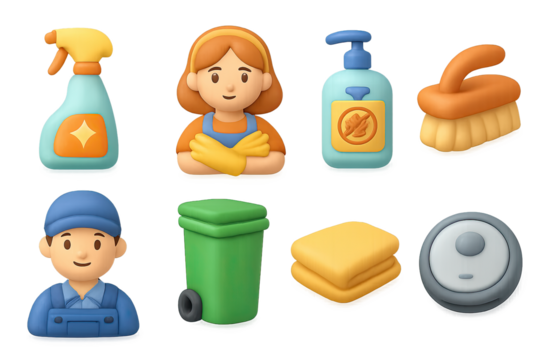 Charming 3d cleaning icons with smiling workers and supplies for friendly and…