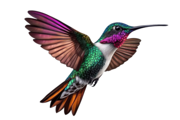Colorful hummingbird in mid-flight with detailed feathers isolated on transparent background- ideal for nature-themed design projects and wildlife art illustrations
