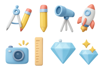 Colorful 3d icon set featuring tools, space elements, and gems in a modern style