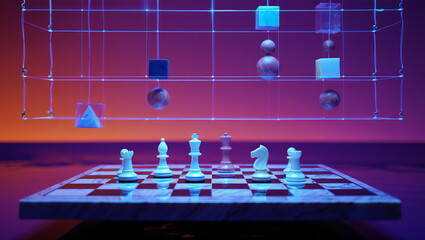 Chess pieces on a board with abstract shapes and a purple and orange background