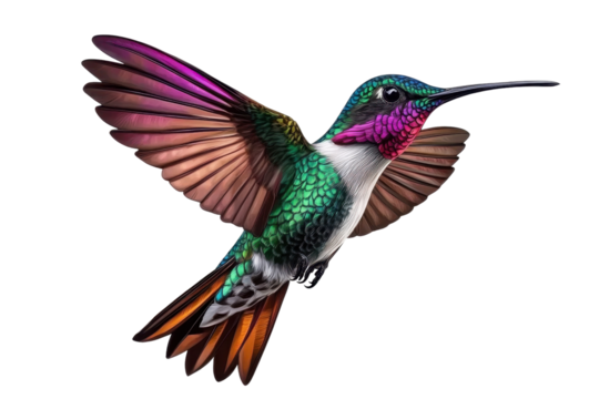 Colorful hummingbird in mid-flight with detailed feathers isolated on transparent background- ideal for nature-themed design projects and wildlife art illustrations