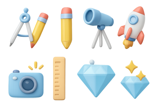 Colorful 3d icon set featuring tools, space elements, and gems in a modern style