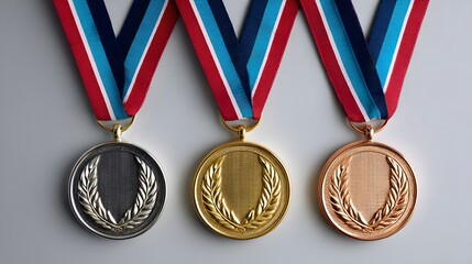 Gold Silver and Bronze Medals with Colorful Ribbons Displayed Against Neutral Background