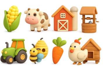Playful farm life with cute animals and colorful harvest in 3d cartoon style