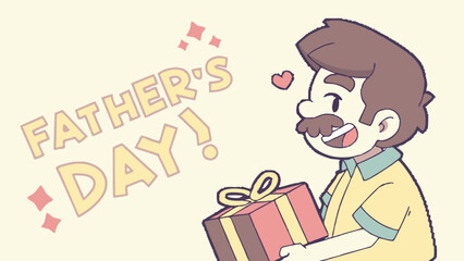 Happy father's day cartoon illustration with dad holding gift box for greeting card and social media post design