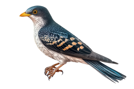 Close-up view of a vibrant cuckoo bird perched and isolated on a transparent background- showcasing detailed plumage and natural colors- ideal for ornithology projects and birdwatching guides