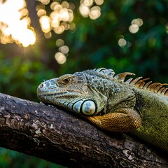 Obraz premium A close-up of a serene iguana resting on a weathered branch, bathed in the golden light of dawn. The iguana's intricate scales and the textures of the bark are beautifully highlighted.
