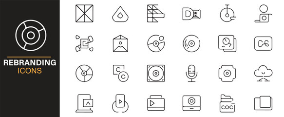 Collection of icons showing rebranding strategy, brand communication, and identity.