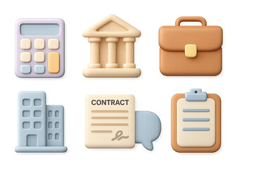 Business management icons set with calculator, bank, briefcase, and documents…