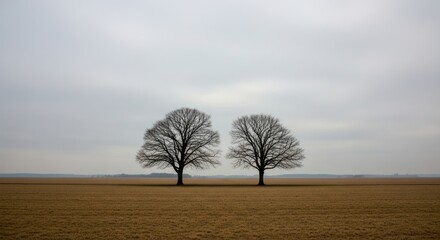 Symmetrical Companionship: Two Bare Trees on a Vast, Overcast Plain