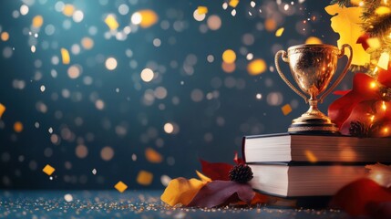 Golden trophy gleams atop stacked books with festive decorations and confetti