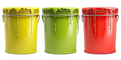 Three paint cans of different colors