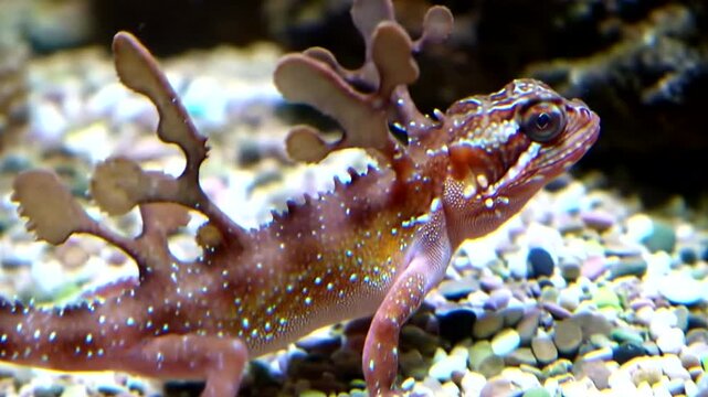 A unique leafy sea dragon with intricate appendages swims gracefully in clear blue water over a pebble seabed