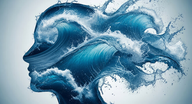 Fluid Thoughts - Abstract Human Head Profile Crafted from Dynamic Ocean Waves.