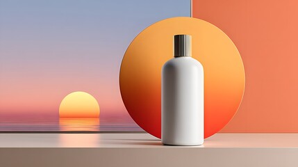 Minimalist White Bottle Against Abstract Background Featuring Sunset and Geometric Shapes