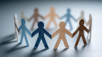 A close-up image of paper cut-out figures, various shades of brown, beige, and blue, holding hands in a circle.