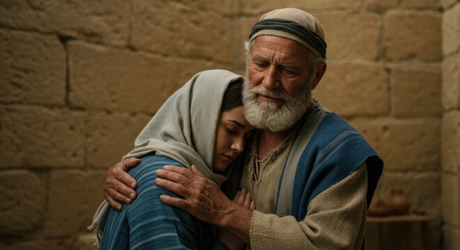 Old man hugging his daughter. Biblical figures like Mary and Joseph. Sad historical setting for religious concept.