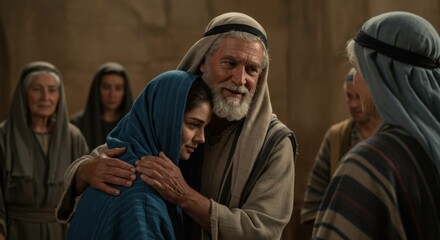 Obraz premium Elderly man comforting young woman. Biblical family scene of father and daughter embraced. Ancient Middle Eastern people.