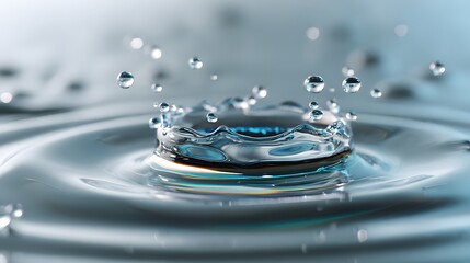 Water Droplet Splashing Creating Ripples on a Calm Surface in Bright Blue Light