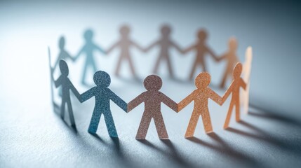 A close-up image of paper cut-out figures, various shades of brown, beige, and blue, holding hands in a circle.