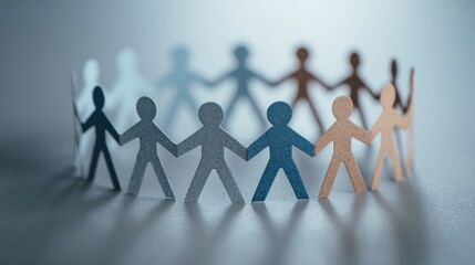 A close-up image of paper cut-out figures, various shades of brown, beige, and blue, holding hands in a circle.