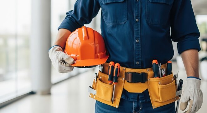 Construction worker holding a safety helmet, showcasing tools on a belt in a modern office environment