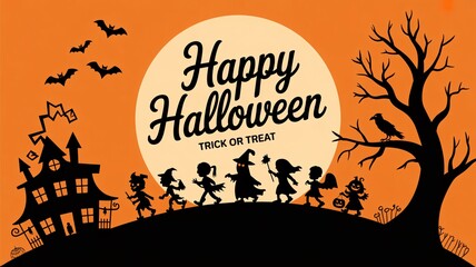Halloween background with silhouette of children trick or treating.