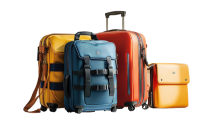 Assortment of colorful rolling suitcases and durable travel rucksack on a clean white background for vacations- business trips- and outdoor adventures