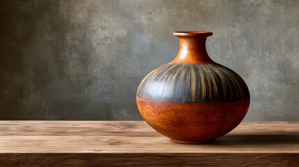 Decorative Handcrafted Ceramic Vase with Earthy Tones on Rustic Wooden Table Against Textured Background