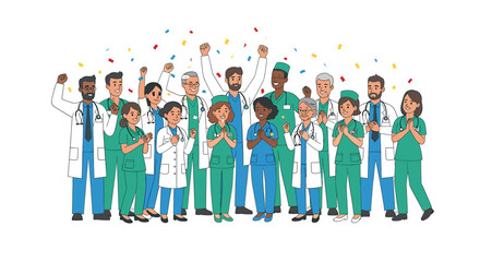 Group of diverse doctors and nurses celebrating with raised arms and applause under falling confetti.