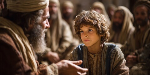 Young boy listening intently to an elder in a historical setting, representing a biblical event. Educational wisdom.