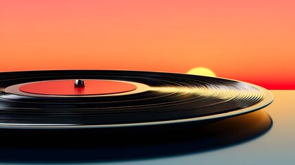 Close-Up of a Vinyl Record Reflecting Warm Sunset Colors Against a Soft Horizon