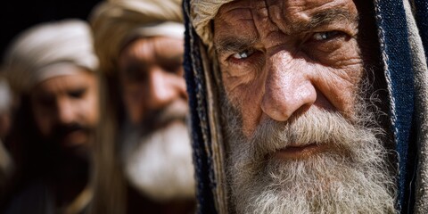 Close up of an elderly middle eastern man with a long white beard looking intensely. Biblical times and ancient desert culture.