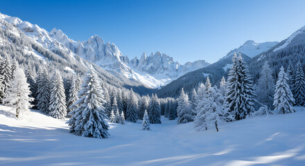 Magnificent snow-covered forest with dramatic sharp alpine peaks in winter.