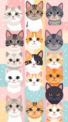 Fototapeta premium A whimsical pattern of various charming cat faces, arranged in a grid, features cheerful expressions and pastel colors.