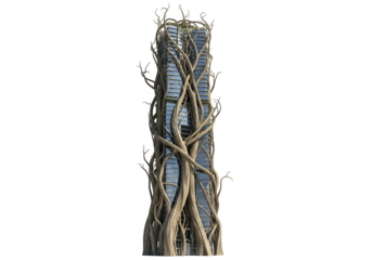Futuristic skyscraper covered in climbing plants, isolated on transparent background, showcasing the blend of nature and modern architecture in an urban setting