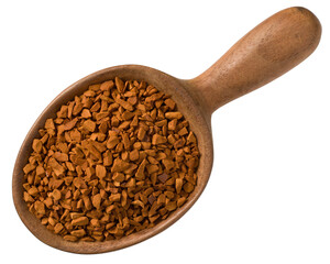 Freeze dried coffee powder in a wooden spoon, isolated on a white background, top view.